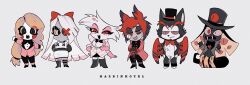  2girls 4boys alastor_(hazbin_hotel) angel_dust animal_ears blonde_hair cane charlie_morningstar closed_mouth colored_skin deer_ears extra_arms fangs full_body gloves grey_hair grey_skin hashtag-only_commentary hat hazbin_hotel hellaverse highres husk_(hazbin_hotel) jacket jitome long_hair monocle multiple_boys multiple_girls neg_50asu open_mouth pink_gloves pink_jacket red_eyes sharp_teeth simple_background sir_pentious teeth top_hat vaggie white_hair wings 