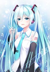  1girl absurdres aqua_eyes aqua_hair aqua_necktie aqua_trim arm_tattoo armpit_crease bare_shoulders black_skirt black_sleeves blush breasts chiutake_mina collarbone collared_shirt commentary_request detached_sleeves fingernails grey_shirt hair_between_eyes hair_ornament hatsune_miku highres long_hair long_sleeves looking_at_viewer medium_breasts miniskirt musical_note nail_polish necktie number_tattoo open_mouth pleated_skirt shirt skirt smile solo tattoo tie_clip twintails upper_body very_long_hair vocaloid wide_sleeves 