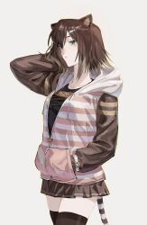  1girl :< animal_ears arm_behind_head black_shirt breasts brown_hair brown_jacket brown_skirt brown_tail brown_thighhighs cat_ears cat_girl cat_tail closed_mouth commentary_request cowboy_shot double-parted_bangs drawstring expressionless eyebrows_hidden_by_hair fish_hair_ornament fumino_tamaki fumino_tamaki_(1st_costume) green_eyes hair_between_eyes hair_ornament hand_in_pocket highres hood hood_down hooded_jacket jacket light_blush looking_ahead medium_breasts miniskirt multicolored_jacket nijisanji partially_open_jacket partially_unzipped pleated_skirt rinrinririn187 shirt short_hair skirt solo striped_clothes striped_jacket tail thigh-highs two-tone_jacket two-tone_tail virtual_youtuber white_background white_jacket white_tail zettai_ryouiki 