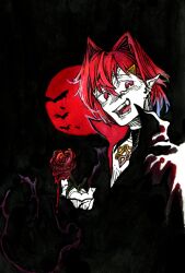  1girl alternate_costume alternate_eye_color ange_katrina black_background black_coat blood_on_flower coat commentary_request fangs flower full_moon hair_between_eyes hair_intakes hair_ornament hatching_(texture) high_collar highres holding holding_flower linear_hatching looking_at_viewer medium_hair moon nijisanji open_mouth pointy_ears red_eyes red_flower red_hair red_moon red_rose rose shou-star simple_bat smile solo teeth triangle_hair_ornament upper_body vampire virtual_youtuber 