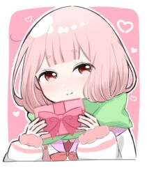  1girl blunt_bangs blush border bow box carmilla_(re:zero) closed_mouth cropped_torso enpera gift gift_box green_scarf heart holding holding_box holding_gift jacket kuzumottu long_hair long_sleeves looking_at_viewer low_twintails outline outside_border pink_background pink_eyes pink_hair re:zero_kara_hajimeru_isekai_seikatsu red_bow sailor_collar scarf school_uniform short_eyebrows smile solo twintails upper_body valentine white_border white_jacket white_outline 