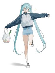  1girl :3 arms_up bag commentary_request full_body hakai_orz hatsune_miku highres long_hair musical_note open_mouth plastic_bag shorts simple_background solo spring_onion standing standing_on_one_leg thigh_gap twintails very_long_hair vocaloid white_background 