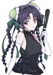  1girl ahoge awa_subaru black_hair bun_cover closed_mouth double_bun dress elbow_gloves girls_band_cry gloves hair_bun hair_intakes hanekuri_(nnainain) highres long_hair looking_at_viewer quad_braids simple_background sleeveless sleeveless_dress solo violet_eyes white_background white_gloves 