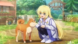  1girl artist_request blonde_hair blue_eyes blue_pantyhose blue_trim boots choker colette_brunel commentary day dirt dog english_commentary flower flower_pot forest full_body game_cg gate gem gold_choker grass hand_on_animal hand_on_own_knee highres house long_hair looking_at_animal nature official_art open_mouth outdoors pantyhose red_gem smile solo squatting stairs tales_of_(series) tales_of_crestoria tales_of_symphonia third-party_source village white_boots 