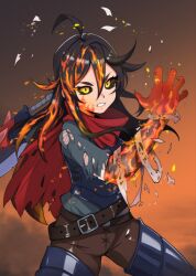  1girl ahoge axl_crow bandages belt belt_buckle black_hair black_sclera brown_background brown_belt brown_shorts buckle colored_extremities colored_sclera commentary cowboy_shot demonherd english_commentary eye_trail fiery_hair fire gradient_background grey_shirt light_trail long_hair looking_at_viewer red_scarf rin_(demonherd) scarf serious shirt shorts solo torn_clothes torn_shirt yellow_eyes 