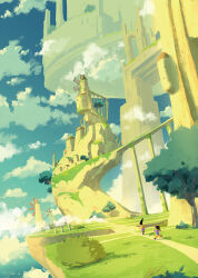  2others arch architecture bush cliff clouds cloudy_sky commentary_request fantasy grand_scale katou_oswaldo moss multiple_others original overgrown pillar sky tree very_wide_shot windmill 