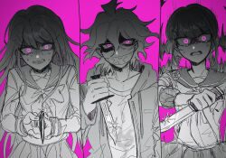  1boy 2girls absurdres bow bowtie commentary_request cowboy_shot danganronpa:_trigger_happy_havoc danganronpa_(series) danganronpa_2:_goodbye_despair danganronpa_v3:_killing_harmony gag hair_between_eyes hair_ornament hairclip harukawa_maki highres holding holding_knife hood hood_down hooded_jacket improvised_gag jacket knife komaeda_nagito long_sleeves maizono_sayaka multiple_girls open_clothes open_jacket pink_background pink_eyes pleated_skirt sailor_collar shirt shoki_(user_asjs7487) skirt tape tape_gag 