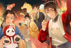  2girls 5boys animal_costume arm_up axis_powers_hetalia beizi_(clothing) belt black_belt black_hair black_sky blue_hanfu bright_pupils brown_hair china_(hetalia) chinese_clothes chinese_commentary chinese_new_year chinese_zodiac closed_eyes closed_mouth clouds commentary_request flower from_behind from_side fur-trimmed_sleeves fur_trim green_shirt hair_between_eyes hair_bun hair_flower hair_ornament hair_rings hand_up hands_in_opposite_sleeves hands_up hanfu highres holding holding_stick holding_stuffed_toy hong_kong_(hetalia) horse horse_costume jacket jiaoling_ruqun jingtianruoling lantern long_hair long_sleeves longpao looking_at_viewer low_ponytail macau_(hetalia) mandarin_collar multiple_boys multiple_girls night open_clothes open_jacket open_mouth orange_eyes outdoors paper_lantern pink_flower pink_skirt pleated_skirt pom_pom_(clothes) ponytail puffy_long_sleeves puffy_sleeves red_jacket red_ribbon ribbon shirt short_hair short_hair_with_long_locks sidelocks skirt sky smile stick stuffed_animal stuffed_panda stuffed_toy taiwan_(hetalia) tangzhuang tassel teeth tongue upper_body v white_pupils white_shirt wide_sleeves year_of_the_horse yellow_jacket 