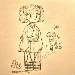  1girl artist_name barefoot bucket closed_mouth commentary_request footprints hair_bobbles hair_ornament highres japanese_clothes kimono kisume long_sleeves menotama musical_note obi sash signature spoken_musical_note toes touhou traditional_media translation_request twintails walking wide_sleeves wooden_bucket 