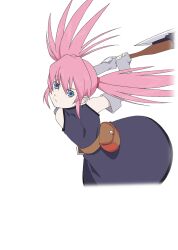  1girl artist_request axe belt belt_bag black_trim blue_eyes brown_bag closed_mouth coat commentary cowboy_shot elbow_gloves fighting_stance from_behind from_side game_cg gloves grey_coat grey_gloves holding holding_axe long_hair looking_at_viewer official_art pink_hair presea_combatir purple_coat sleeveless sleeveless_coat solo tales_of_(series) tales_of_asteria tales_of_symphonia third-party_source transparent_background twintails 