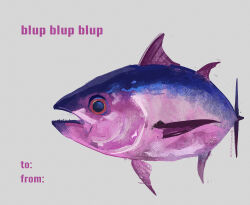  absurdres animal animal_focus commentary english_commentary english_text fish from_side full_body highres looking_at_viewer no_humans open_mouth original purple_theme simple_background tuna white_background xansheu 