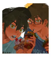  2boys ace_of_diamond baseball_cap black_hair blue_shirt border brown_hair cup disposable_cup food hat holding holding_cup holding_food holding_ice_cream ice_cream male_focus miyuki_kazuya multiple_boys nian_rt polaroid_photo sawamura_eijun shirt short_hair sideburns white_border white_shirt 
