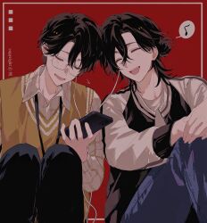  20041869 2boys :d black_hair black_jacket black_pants blue_pants casual cellphone chinese_commentary closed_eyes collared_shirt commentary_request contemporary curtained_hair denim earphones glasses hair_between_eyes hair_bun highres holding holding_phone jacket jeans klein_moretti knees_up lanyard leonard_mitchell letterman_jacket long_sleeves lord_of_the_mysteries male_focus multiple_boys musical_note open_mouth pants phone red_background shared_earphones shirt short_hair sitting smartphone smile speech_bubble spoken_musical_note sweater_vest teeth white_shirt zhou_mingrui 