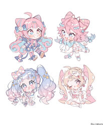  4girls :3 :p ahoge animal_ears artist_name bandaid bandaid_on_knee bandaid_on_leg blonde_hair blue_eyes blush bow butterfly_hair_ornament chibi commentary_request cross cross_earrings dress earrings flower hair_bow hair_flower hair_ornament hairclip heart heart_earrings heterochromia highres jewelry licking_lips long_hair multicolored_hair multiple_girls one_eye_closed original pink_bow pink_eyes pink_hair pink_skirt simple_background skirt smile socks spaceship_hat_ornament star_(symbol) star_hair_ornament streaked_hair striped_leggings tail tongue tongue_out twintails uekura_eku very_long_hair white_background white_dress white_socks 