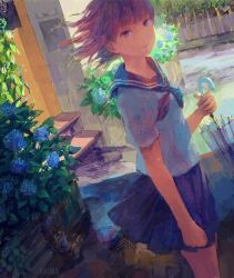  1girl blue_skirt door flower holding holding_umbrella hydrangea light_smile looking_at_viewer medium_hair original outdoors painting_(medium) purple_hair school_uniform serafuku skirt solo stairs tokunaga_akimasa traditional_media umbrella violet_eyes 