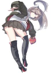  1girl absurdres black_boots boots box brown_eyes brown_hair brown_skirt coat commentary fei_(feikotake) from_behind green_coat green_jacket heart-shaped_box high_ponytail highres holding holding_box hood hooded_sweater hoodie jacket kantai_collection long_hair looking_at_viewer looking_back pleated_skirt ponytail simple_background skirt solo sweater thigh_boots untranslatable_commentary white_background white_hoodie zuihou_(kancolle) zuihou_(valentine)_(kancolle) 