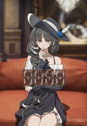  1girl :t alternate_costume bare_shoulders black_dress black_eyes black_hair blurry blurry_background braid card chinese_commentary closed_mouth collarbone commentary_request dress earrings feather_hair game_screenshot_background hair_over_shoulder hand_up highres jewelry kohane_kun mole mole_under_eye parted_bangs screenshot_background sitting solo tacet_mark_(wuthering_waves) textless_version thinking wuthering_waves yangyang_(wuthering_waves) 