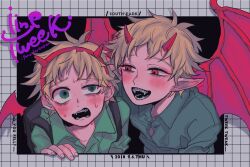  2boys bags_under_eyes blonde_hair commentary dated demon_horns demon_wings dual_persona english_text fake_horns green_eyes green_shirt grid_background hairband highres horn_hairband horns male_focus multiple_boys neg_50asu open_mouth pointy_ears red_horns red_wings shirt south_park tweek_tweak untranslatable_commentary wings 