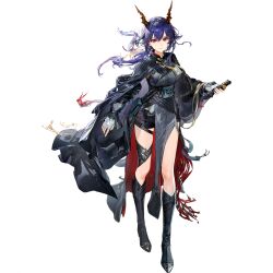  1girl arknights asymmetrical_legwear belt belt_pouch black_belt black_boots black_cape black_coat black_shorts black_sleeves blue_belt blue_hair blue_tail boots breasts cape ch'en_(arknights) ch'en_the_dawnstreak_(arknights) chest_harness chi_xiao_(arknights) closed_mouth coat dragon_girl dragon_horns dragon_tail eastern_dragon_horns eastern_dragon_tail elbow_gloves fingerless_gloves full_body gloves harness high_heel_boots high_heels highres holding holding_sword holding_weapon horns id_card leg_belt looking_at_viewer medium_breasts multicolored_coat official_art pelvic_curtain ponytail pouch red_coat red_eyes sheath sheathed shorts simple_background solo standing sword tachi-e tail third-party_source transparent_background two-tone_coat underbust v-shaped_eyebrows weapon white_gloves yyb 