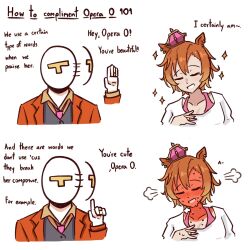  1girl animal_ears blush bra_strap closed_eyes collarbone collared_shirt cropped_shoulders crown embarrassed english_text flustered full-face_blush grey_vest hair_between_eyes head_steam highres horse_ears horse_girl jacket johnholl0w mini_crown necktie open_clothes orange_hair orange_jacket pink_crown pink_necktie shirt short_hair smile sparkle sweat t-head_trainer_(umamusume) t.m._opera_o_(umamusume) trainer_(umamusume) umamusume vest white_shirt yellow_shirt 