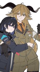  170x155x161 2girls ahoge animal_ears arknights armband black_gloves black_hair black_horns black_jacket black_necktie blonde_hair buttons chain chain_leash closed_mouth colored_inner_hair commentary_request cowboy_shot crossed_bangs curled_horns degenbrecher_(arknights) doctor_(arknights) ear_piercing earrings female_doctor_(arknights) gloves green_jacket green_pants grey_armband hair_between_eyes height_difference highres holding holding_leash horns hug jacket jewelry korean_commentary lapels leash long_hair long_sleeves medal medium_hair military_jacket mole mole_under_eye mole_under_mouth multicolored_hair multiple_girls multiple_moles necktie orange_shirt pants piercing purple_hair shirt simple_background smile standing violet_eyes white_background yellow_eyes yuri 