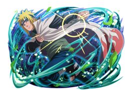  1boy black_boots blonde_hair blue_eyes blue_pants boots coat flame_print forehead_protector konohagakure_symbol long_coat looking_at_viewer namikaze_minato naruto_(series) naruto_shippuuden:_ultimate_ninja_blazing official_art open-toe_boots open_clothes open_coat pants print_coat short_hair solo white_coat 