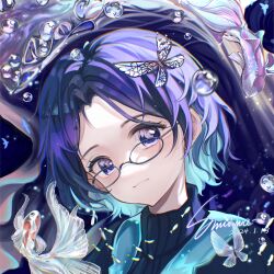  1girl :3 absurdres animal artist_name bubble bug butterfly butterfly_hair_ornament closed_mouth colored_inner_hair dated eyelashes fish hafly hair_ornament head_tilt highres looking_at_viewer multicolored_hair original parted_bangs portrait purple_hair smile solo violet_eyes water watermark 