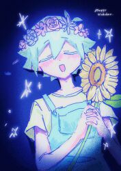  1boy :d absurdres androgynous antenna_hair bare_arms basil_(headspace)_(omori) basil_(omori) blue_background blue_flower blue_hair blue_overalls blue_rose blush buttons child closed_eyes colored_eyelashes commentary dot_nose double-parted_bangs english_text facing_viewer film_grain flipped_hair flower flower_wreath hair_between_eyes happy_birthday head_wreath highres holding holding_flower hrkzsm_321 interlocked_fingers leaf lying male_focus omori on_back open_mouth overalls own_hands_together pale_skin pink_flower pink_rose pocket purple_flower rose shirt short_hair short_sleeves sidelocks simple_background smile solo sparkle star_(symbol) star_symbol_background straight-on sunflower t-shirt u_u untranslatable_commentary upper_body vignetting 