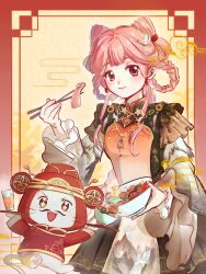  1girl absurdres animal animal_print bird bird_hair_ornament bird_print black_dress border bow-shaped_hair bowl braid braided_hair_rings brown_eyes cat chinese_clothes chinese_commentary chinese_new_year chopsticks closed_mouth clothed_animal collared_dress commentary_request cowboy_shot crane_(animal) cup dot_nose double_bun dress drinking_glass eating eyelashes feather-trimmed_sleeves fingernails food frilled_sleeves frills gradient_clothes hair_bun hair_ornament hair_rings hair_tubes happy highres holding holding_bowl holding_chopsticks holding_tray holding_with_chopsticks hotpot infinity_nikki juice layered_sleeves light_blush long_hair long_sleeves looking_at_viewer mandarin_collar meat momo_(nikki) mountain_print mushroom nikki_(nikki) nikki_(series) official_alternate_costume orange_juice orange_tabard outside_border pink_hair pleated_dress print_tabard red_border short_dress short_over_long_sleeves short_sleeves sidelocks single_braid smile song_beyond_(infinity_nikki) tabard tofu tray very_long_hair white_cat wide_sleeves xiangyun yellow_background zhenzi_jiang 