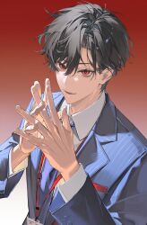  1boy absurdres bags_under_eyes baozaohuang black_hair blue_jacket blue_necktie character_request check_copyright collared_shirt commentary copyright_request gradient_background highres id_card interlocked_fingers jacket lanyard looking_at_viewer male_focus necktie nijisanji piercing_hole red_background red_eyes shirt short_hair solo striped_clothes striped_jacket two-tone_background untranslatable_commentary upper_body vertical-striped_clothes vertical-striped_jacket white_background white_shirt 
