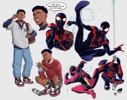  1boy air_jordan air_jordan_1 animal_print baseball_jersey battle_damage black_bodysuit black_hair blue_jacket bodysuit cellphone commentary dark-skinned_male dark_skin denim dumbdelvon dynamic_pose earrings english_commentary english_text headphones highres jacket jeans jersey jewelry layered_clothes leg_up long_sleeves looking_at_viewer marvel mask miles_morales multicolored_bodysuit new_york_yankees nike_(company) official_alternate_costume pants phone pink_bodysuit pink_shoes print_bodysuit reference_sheet shoes silk simple_background sitting sneakers solo speech_bubble spider-man_(miles_morales) spider-man_(series) spider_print spider_web_print spray_can squatting sweater text_messaging torn_clothes undercut upside-down 