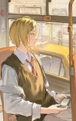  1boy absurdres adam's_apple baozaohuang black_sweater_vest blonde_hair bus_interior chinese_commentary collared_shirt commentary_request diagonal-striped_clothes diagonal-striped_necktie grey_pants haikyuu!! highres kozume_kenma looking_outside male_focus multicolored_hair necktie pants red_necktie roots_(hair) school_uniform shirt short_hair sitting solo striped_clothes sweater_vest taxi video_game white_shirt 