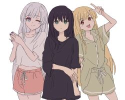  3girls ahoge aqua_eyes black_shirt blonde_hair blue_eyes cho_kaguya-hime! cosplay costume_switch cowboy_shot frown gradient_eyes green_pajamas green_shirt green_shorts hand_on_own_arm hands_clasped_in_delight ini_yoy kaguya_(cho_kaguya-hime!) kaguya_(cho_kaguya-hime!)_(cosplay) long_hair long_shirt midriff multicolored_eyes multiple_girls orange_eyes pajamas pink_eyes pink_shorts runami_yachiyo sakayori_iroha sakayori_iroha_(cosplay) shirt shirt_partially_tucked_in short_sleeves shorts simple_background two-tone_eyes v v_over_head very_long_hair white_background white_hair white_shirt 