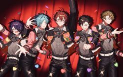  5boys :d ;d ahoge aqua_hair arm_up arms_up belt belt_buckle black_bow black_bowtie black_hair black_jacket black_pants blonde_streaks blue_eyes blush bow bowtie brown_hair buckle buttons chain clenched_hand closed_mouth collared_shirt commentary confetti cropped_jacket curtains ear_piercing earpiece earrings english_commentary ensemble_stars! gold_chain green_eyes grey_shirt hair_over_one_eye hand_up heart highres jacket jewelry kurokkan layered_clothes long_sleeves looking_at_viewer male_focus microphone morisawa_chiaki multicolored_hair multicolored_jacket multiple_boys nagumo_tetora one_eye_closed one_eye_covered open_clothes open_jacket open_mouth outstretched_arm outstretched_arms overflow!_(ensemble_stars!) pants parted_bangs piercing pink_jacket purple_hair red_eyes red_hair red_streaks ring ryuseitai_(ensemble_stars!) sengoku_shinobu shadow shinkai_kanata shirt shirt_tucked_in short_hair smile split_mouth spotlight star_(symbol) star_earrings streaked_hair takamine_midori teeth two-tone_jacket upper_teeth_only v-shaped_eyebrows wallet_chain white_belt white_jacket wing_collar yellow_eyes 