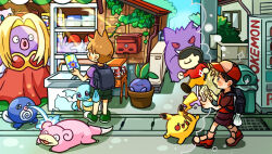  2boys baseball_cap blue_oak brown_hair commentary_request dewgong ditto full_body game_boy gashapon gengar handheld_game_console hat highres holding holding_handheld_game_console jynx male_focus mew_(pokemon) multiple_boys oddish open_mouth outdoors pannomimi0301 pikachu pokemon pokemon_(creature) pokemon_lgpe poliwag purple_shirt red_(pokemon) red_shirt shirt shoes short_hair slowpoke sneakers speech_bubble squirtle starmie thought_bubble transformed_ditto trash_can utility_pole vending_machine walking 