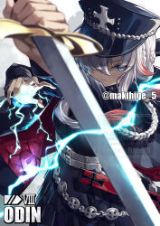  1girl absurdres armor armored_dress armored_skirt azur_lane black_hat blue_eyes breastplate coat commentary_request dress hair_over_one_eye hat highres holding holding_weapon long_hair long_sleeves looking_at_viewer magic makihige military_hat multicolored_hair odin_(azur_lane) red_hair simple_background solo streaked_hair sword two-tone_hair upper_body weapon white_background white_hair world_of_warships 