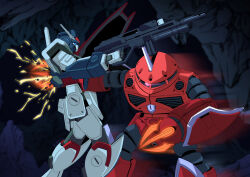  absurdres assault_visor battle beam_rifle blue_visor cave commentary_request damaged destruction energy_gun glowing glowing_eyes gun gundam gundam_seed gundam_seed_freedom highres holding holding_gun holding_weapon horns mecha mobile_suit mobile_suit_gundam no_humans one-eyed parody pink_eyes radio_antenna robot science_fiction shield single_horn sparks stab strike_dagger tanuki_(naito7110) weapon z'gok_(seed) 