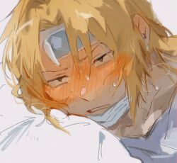  blonde_hair blush edward_elric fullmetal_alchemist highres mask mouth_mask pillow sick solo sski_0 sweatdrop 