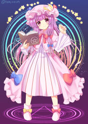  1girl blue_bow book boots bow closed_mouth commentary_request crescent crescent_hat_ornament dress footwear_bow full_body hair_bow hat hat_ornament highres holding holding_book layered_dress long_hair long_sleeves looking_at_viewer magic_circle mob_cap multiple_hair_bows patchouli_knowledge pink_boots pink_dress pink_hat ramudia_(lamyun) red_bow solo standing star_(symbol) touhou twitter_username very_long_hair violet_eyes yellow_bow 