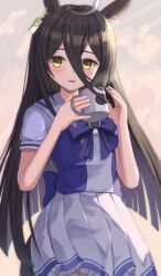  1girl ahoge animal_ears black_hair blush bow bowtie breasts coffee_mug commentary_request cup ear_tag earrings hair_between_eyes holding holding_cup horse_ears horse_girl horse_tail jewelry long_bangs long_hair long_hair_between_eyes looking_at_viewer manhattan_cafe_(umamusume) mug multicolored_hair parted_lips pleated_skirt puffy_short_sleeves puffy_sleeves purple_bow purple_bowtie purple_shirt sailor_collar sailor_shirt school_uniform shirt short_sleeves single_earring skirt small_breasts smile solo steaming_cup tail thurumu tracen_school_uniform umamusume very_long_hair white_hair white_sailor_collar white_skirt yellow_eyes 