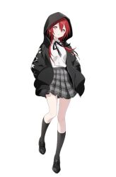  1girl black_jacket black_ribbon black_shoes black_socks d4dj dress_shirt full_body grey_skirt hair_between_eyes hands_in_pockets hood hood_up hooded_jacket jacket kanda_hare kneehighs loafers long_hair neck_ribbon official_art open_clothes open_jacket open_mouth pink_eyes plaid_clothes plaid_skirt pleated_skirt red_hair ribbon school_uniform shirt shoes simple_background skirt socks solo tachi-e transparent_background white_shirt 