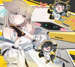  >_< 3girls :< :3 :d animal_ears arknights arknights:_endfield bare_shoulders bird_ears bird_girl black_gloves black_hair black_jacket black_pantyhose blindfold_mask blue_dress blue_eyes blue_gloves blue_tail blunt_bangs blush_stickers chen_qianyu_(arknights) chibi chibi_inset clenched_hand closed_eyes commentary_request deformed dot_nose dragon_girl dragon_horn dragon_horns dragon_tail dress dutch_angle eastern_dragon_horns eastern_dragon_tail emoticon endministrator_(arknights) female_endministrator_(arknights) full_body gloves hands_up highres horns jacket kaomoji long_hair long_sleeves looking_at_viewer mask multicolored_gloves multicolored_tail multiple_girls non-humanoid_robot off_shoulder palms_together pantyhose pocket robot signature sleeveless sleeveless_dress smile sweater tail tata_(arknights) two-tone_gloves upper_body white_dress white_hair white_jacket white_sweater x3 yellow_gloves yellow_pupils yuuki_uyu 