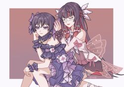  1boy 1girl alternate_costume bare_shoulders black_hair blunt_ends bow chinese_commentary closed_eyes closed_mouth collar columbina_(genshin_impact) commentary_request crossdressing crossdressing_(mtf) detached_sleeves dress eye_mask eyeliner feet_out_of_frame flower frilled_collar frilled_dress frilled_wrist_cuffs frills genshin_impact hair_bow hair_ribbon hand_on_own_cheek hand_on_own_face hand_up head_wings highres liuyun_(liuyun73492) long_hair makeup mask multicolored_hair open_mouth pink_bow pink_ribbon purple_dress purple_sleeves purple_wrist_cuffs red_eyeliner red_hair ribbon scaramouche_(genshin_impact) short_hair short_sleeves sitting sleeveless sleeveless_dress smile two-tone_hair very_long_hair violet_eyes white_dress white_flower white_ribbon wings wrist_cuffs 