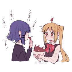  ahoge blonde_hair blue_hair blush bocchi_the_rock! bow bowl closed_mouth commentary detached_ahoge eating from_side hair_ornament hairclip high_collar ijichi_nijika long_hair parallel_hairclips red_bow red_eyes ree_(re-19) short_hair side_ponytail simple_background untranslatable_commentary upper_body white_background yamada_ryo 