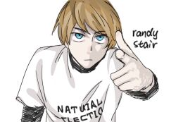  1boy animification black_shirt blonde_hair blue_eyes character_name chinese_commentary closed_mouth clothes_writing commentary_request english_text foreshortening frown gaoguiquan83108 hatching_(texture) layered_sleeves leaning_forward long_sleeves looking_at_viewer male_focus pale_skin photo-referenced pointing pointing_at_viewer randy_stair reaching reaching_towards_viewer real_life shirt short_hair short_over_long_sleeves short_sleeves simple_background solo swept_bangs t-shirt true_crime upper_body upturned_eyes very_short_hair white_background white_shirt 