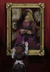  2girls analog_clock black_capelet black_hat black_skirt blonde_hair broken_glass brown_hair capelet chair clock commentary cowboy_shot crossed_arms dress facing_away glass hand_on_wall hashtag-only_commentary hat hat_ribbon highres long_hair long_sleeves medium_hair mirror mob_cap multiple_girls neck_ribbon painting_(object) partially_shaded_face picture_frame purple_dress red_background red_ribbon ribbon shirt short_sleeves skirt smile standing touhou usami_renko violet_eyes white_hat white_shirt yakumo_yukari ykkiysccc 