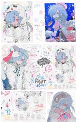  1girl absurdres blue_bow blue_hair bow braid cake_hat candle cape chibi chibi_inset closed_mouth commission cupcake dated dessert doughnut eating eyelashes fire food ghost_mask gradient_hair hair_ornament hairpin halloween hat highres izumi_087 long_hair looking_at_viewer mask mihuashi_commission multicolored_hair multiple_views night one_eye_covered open_mouth original outdoors pink_eyes sample_watermark short_sleeves sky sleep_mask sleeves_past_fingers sleeves_past_wrists star_(sky) unworn_mask upper_body watermark white_cape 