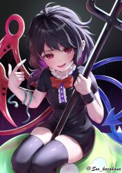  1girl absurdres asymmetrical_wings black_dress black_hair black_thighhighs blue_wings bow bowtie breasts colored_inner_hair commentary dress fang highres holding holding_polearm holding_weapon houjuu_nue looking_at_viewer multicolored_hair open_mouth pink_eyes polearm puffy_short_sleeves puffy_sleeves purple_hair red_bow red_bowtie red_wings short_sleeves sitting skin_fang small_breasts smile snake solo soo_kazahana thigh-highs touhou trident twitter_username ufo weapon wings 