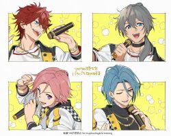  4boys :d ;d amagi_rinne black_choker black_shirt blue_eyes blue_hair bracelet chain chain_necklace choker commentary_request crazy_b_(ensemble_stars!) crossed_bangs earrings ensemble_stars! gold_bracelet gold_earrings gold_necklace gold_ring grey_hair hair_between_eyes hair_over_shoulder hands_up himeru_(ensemble_stars!) holding holding_microphone houndstooth jacket jewelry lapels long_hair looking_at_viewer low_ponytail lower_teeth_only lunapont male_focus microphone multiple_boys music necklace one_eye_closed open_clothes open_jacket open_mouth oukawa_kohaku parted_bangs parted_hair pink_hair ponytail red_hair shiina_niki shirt short_hair singing smile teeth thumb_ring translation_request turtleneck upper_body upper_teeth_only v-shaped_eyebrows violet_eyes watermark white_background white_jacket white_shirt yellow_eyes 