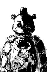  2boys animal_ears animal_nose bear_ears behind_another crossover five_nights_at_freddy's freddy_fazbear front-to-back fushiguro_megumi greyscale hat high_collar humanoid_robot jacket jujutsu_kaisen jujutsu_tech_uniform long_sleeves looking_at_viewer male_focus monochrome multiple_boys partially_shaded_face robot schonv short_hair simple_background spiky_hair standing summoning top_hat white_background 